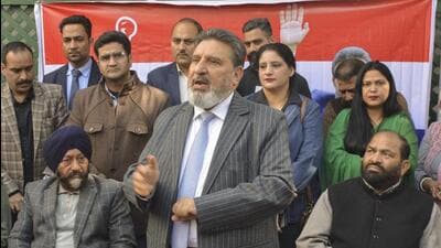 Jammu and Kashmir Apni Party president Altaf Bukhari during a party’s joining programme, in Jammu on Saturday. (PTI)