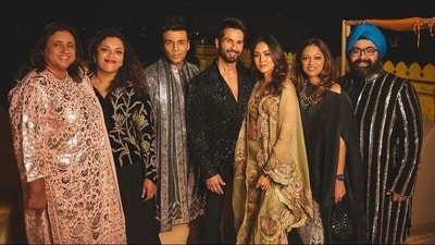 Karan Johar with Shahid Kapoor and Mira Rajput among others. Karan Johar with Shahid Kapoor and Mira Rajput among others.