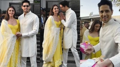 Kiara Advani and Sidharth Malhotra distributed sweet boxes to the paparazzi in Mumbai. Kiara Advani and Sidharth Malhotra distributed sweet boxes to the paparazzi in Mumbai.