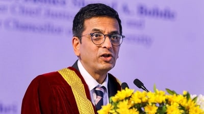 Chief Justice of India DY Chandrachud addresses during the first convocation ceremony of Maharashtra National Law University, in Nagpur, Saturday. (PTI) Chief Justice of India DY Chandrachud addresses during the first convocation ceremony of Maharashtra National Law University, in Nagpur, Saturday. (PTI)