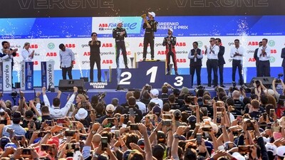 Jean-Eric Vergne with the Hyderabad E-Prix winning trophy, during the award ceremony in Hyderabad. (PTI) Jean-Eric Vergne with the Hyderabad E-Prix winning trophy, during the award ceremony in Hyderabad. (PTI)