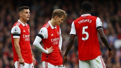 Arsenal's Martin Odegaard, Granit Xhaka and Thomas Partey react during the match. (Action Images via Reuters)