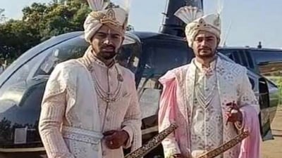 Hem and Yash Mandloi hired choppers to their wedding procession to fulfil their late grandfather's wish. Hem and Yash Mandloi hired choppers to their wedding procession to fulfil their late grandfather's wish.