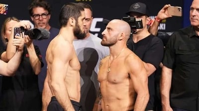 UFC lightweight champion Islam Makhachev defends his title against featherweight champion Alexander Volkanovski at UFC 284 in Perth (Getty) UFC lightweight champion Islam Makhachev defends his title against featherweight champion Alexander Volkanovski at UFC 284 in Perth (Getty)