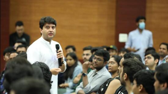 Union civil aviation minister Jyotiraditya Scindia at an IIM Lucknow event on Saturday. (SOURCED IMAGE)