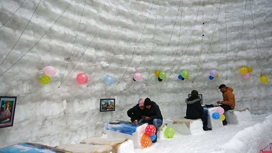 He said the biggest igloo cafe, according to the Guinness Book of World Records, is in Switzerland, and its height is 33.8 feet and diameter 42.4 feet. So, this is larger than that,&nbsp;(Waseem Andrabi/ Hindustan Times)