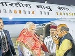 Prime Minister Narendra Modi received by Karnataka CM Basavaraj Bommai at HAL Airport, in Bengaluru on Sunday. (PTI) Prime Minister Narendra Modi received by Karnataka CM Basavaraj Bommai at HAL Airport, in Bengaluru on Sunday. (PTI)