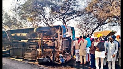 20 passengers sustained injuries after a Pepsu Road Transport Corporation (PRTC) bus overturned near Chanarthal village in Bathinda on Sunday.
