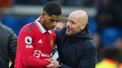 Manchester United's head coach Erik ten Hag congratulates with Marcus Rashford as he leaves the pitch (AP) Manchester United's head coach Erik ten Hag congratulates with Marcus Rashford as he leaves the pitch (AP)