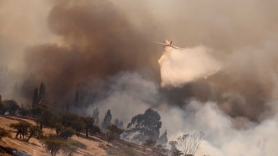 A firefighter aircraft drops water on a wildfire in Ninhue area, Chile. (REUTERS)