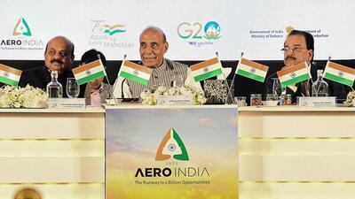 Defence Minister Rajnath Singh attends the curtain raiser press conference of Aero India 2023 in Bengaluru on Sunday. (ANI) Defence Minister Rajnath Singh attends the curtain raiser press conference of Aero India 2023 in Bengaluru on Sunday. (ANI)