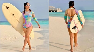 On the weekend, Hina Khan decided to go surfing in the clear blue water in the Maldives. The star slipped into a stylish printed swimsuit for the fun adventure and posted pictures on Instagram. "Internet is outdated...I surf the real deal...SurfHead HK," Hina captioned the post. (Instagram) On the weekend, Hina Khan decided to go surfing in the clear blue water in the Maldives. The star slipped into a stylish printed swimsuit for the fun adventure and posted pictures on Instagram. "Internet is outdated...I surf the real deal...SurfHead HK," Hina captioned the post. (Instagram)