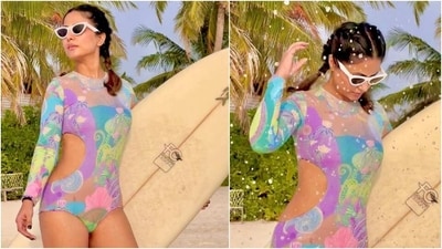 Actor Hina Khan travelled to the Maldives to take a break from her work schedule and spend time relaxing amid the clear blue water, white sand beaches, tropical weather and palm trees. Hina has been dropping pictures from her vacation in the island nation. Her most recent photoshoot from the Maldives features the star in a printed cut-out swimsuit. Keep scrolling to see the pictures below. (Instagram) Actor Hina Khan travelled to the Maldives to take a break from her work schedule and spend time relaxing amid the clear blue water, white sand beaches, tropical weather and palm trees. Hina has been dropping pictures from her vacation in the island nation. Her most recent photoshoot from the Maldives features the star in a printed cut-out swimsuit. Keep scrolling to see the pictures below. (Instagram)