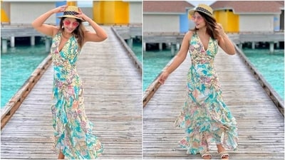 Earlier, Hina had shared pictures of herself dressed in a floral printed maxi dress featuring a plunging V neckline, cinched waist, ruffled details, asymmetric hem, and a figure-skimming silhouette. She completed the outfit with a straw hat, tinted sunglasses, and slip-on sandals. (Instagram) Earlier, Hina had shared pictures of herself dressed in a floral printed maxi dress featuring a plunging V neckline, cinched waist, ruffled details, asymmetric hem, and a figure-skimming silhouette. She completed the outfit with a straw hat, tinted sunglasses, and slip-on sandals. (Instagram)