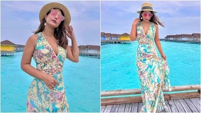 Hina rounded it off with open tresses, a statement ring, hoop earrings with heart-shaped jewels, mauve lip shade, on-fleek brows, mascara on the lashes, and blushed glowing skin. (Instagram) Hina rounded it off with open tresses, a statement ring, hoop earrings with heart-shaped jewels, mauve lip shade, on-fleek brows, mascara on the lashes, and blushed glowing skin. (Instagram)