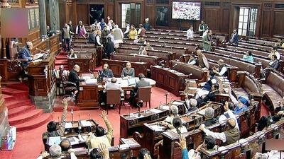 Opposition MPs stage a walkout in the Rajya Sabha during the Budget Session of Parliament, in New Delhi on Friday. (ANI) Opposition MPs stage a walkout in the Rajya Sabha during the Budget Session of Parliament, in New Delhi on Friday. (ANI)