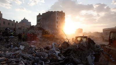 Turkey-Syria Earthquake: Members of a rescue team work on the site of a collapsed building, as the search for survivors continues, in the aftermath of a deadly earthquake, in Iskenderun, Turkey. (Reuters)