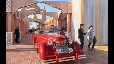 The gate to the Ayodhya tent city showcases Ramayan-era designs. (Deepak Gupta)