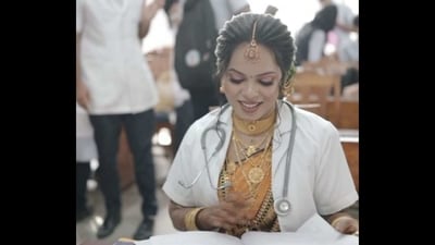 Indian bride giving her practical exam in her wedding dress. (Instagram/@_grus_girls_) Indian bride giving her practical exam in her wedding dress. (Instagram/@_grus_girls_)