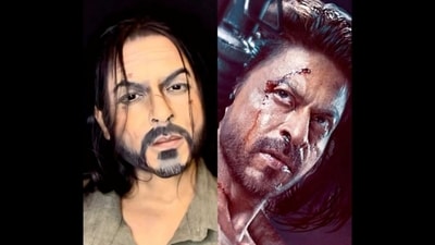 A screengrab from the viral video that showcases a makeup artist’s transformation into Shah Rukh Khan’s Pathaan look. (Instagram/@stuck.in.a.paradise) A screengrab from the viral video that showcases a makeup artist’s transformation into Shah Rukh Khan’s Pathaan look. (Instagram/@stuck.in.a.paradise)
