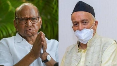 NCP chief Sharad Pawar and outgoing Maharashtra governor Bhagat Singh Koshyari. (File) NCP chief Sharad Pawar and outgoing Maharashtra governor Bhagat Singh Koshyari. (File)