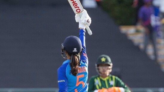 India's Jemimah Rodrigues celebrates her 50 and the winning runs against Pakistan (AP)