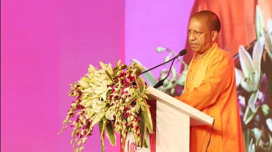 Uttar Pradesh chief minister Yogi Adityanath at the valedictory session of the UP Global Investors Summit in Lucknow on Sunday. (HT Photo)
