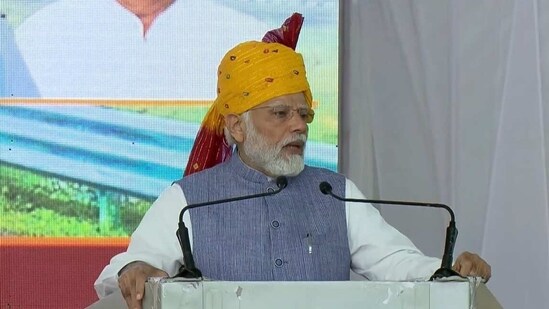 PM Modi during the launch event in Dausa, Rajasthan. PM Modi during the launch event in Dausa, Rajasthan.