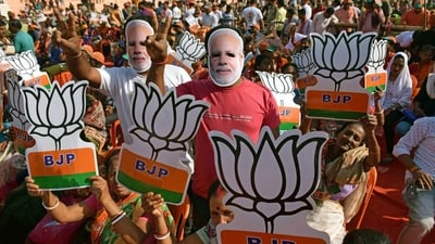BJP supporters attend Prime Minister Narendra Modi's public meeting ahead of the Tripura assembly election in Agartala on Monday. (ANI) BJP supporters attend Prime Minister Narendra Modi's public meeting ahead of the Tripura assembly election in Agartala on Monday. (ANI)