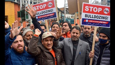 Apni Party activists having been staging protests against the anti-encroachment drive across Jammu and Kashmir in Srinagar, (PTI)