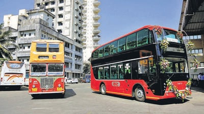 Mumbai, India - February 13, 2023: Brihanmumbai Electric Supply and Transport (BEST)’s latest fleet of India’s first AC double-decker electric buses are all set to run on the streets of the city, in Mumbai, India, on Monday, February 13, 2023. (Photo by Bhushan Koyande/HT Photo) (HT PHOTO) Mumbai, India - February 13, 2023: Brihanmumbai Electric Supply and Transport (BEST)’s latest fleet of India’s first AC double-decker electric buses are all set to run on the streets of the city, in Mumbai, India, on Monday, February 13, 2023. (Photo by Bhushan Koyande/HT Photo) (HT PHOTO)