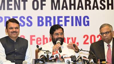 Mumbai, India - February 13, 2023: CM Eknath Shinde (C), Dy. CM Devendra Fadnavis (L) and Natarajan Chandrasekaran (R), chairman of Tata Sons addrressing the media during a press conference, organised by Maharashtra Government on Economic Advisory Council, at Sahyadri Guest House, in Mumbai, India, on Monday, February 13, 2023. (Photo by Anshuman Poyrekar/ Hindustan Times) (Anshuman Poyrekar/HT PHOTO) Mumbai, India - February 13, 2023: CM Eknath Shinde (C), Dy. CM Devendra Fadnavis (L) and Natarajan Chandrasekaran (R), chairman of Tata Sons addrressing the media during a press conference, organised by Maharashtra Government on Economic Advisory Council, at Sahyadri Guest House, in Mumbai, India, on Monday, February 13, 2023. (Photo by Anshuman Poyrekar/ Hindustan Times) (Anshuman Poyrekar/HT PHOTO)