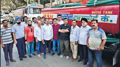 Mumbai, India - February 13, 2023: Members of Water Tankers Association during a press conference, at Ghatkopar, in Mumbai, India, on Monday, February 13, 2023. (Photo by Anshuman Poyrekar/Hindustan Times) (Anshuman Poyrekar/HT PHOTO) Mumbai, India - February 13, 2023: Members of Water Tankers Association during a press conference, at Ghatkopar, in Mumbai, India, on Monday, February 13, 2023. (Photo by Anshuman Poyrekar/Hindustan Times) (Anshuman Poyrekar/HT PHOTO)