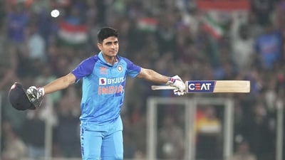 Shubman Gill celebrates his century during the third T20 between India and New Zealand (PTI) Shubman Gill celebrates his century during the third T20 between India and New Zealand (PTI)