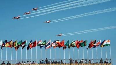  Suryakiran aerobatics team of the Indian Air Force (IAF) performs during the inauguration of Aero India at Yelahanka air base in Bengaluru. (PTI) Suryakiran aerobatics team of the Indian Air Force (IAF) performs during the inauguration of Aero India at Yelahanka air base in Bengaluru. (PTI)