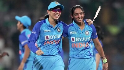 Indian player Smriti Mandhana  and Harmanpreet Kaur celebrates the win during the T20 International series between India and Australia (PTI)