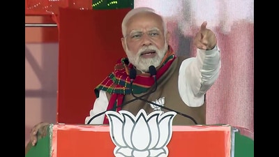 Prime Minister Narendra Modi addresses the public meeting ahead of Tripura assembly elections, in Agartala on Monday. (ANI)