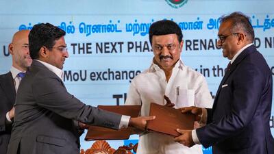 Tamil Nadu CM MK Stalin during the signing of the MoU. (PTI) Tamil Nadu CM MK Stalin during the signing of the MoU. (PTI)