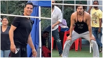 Akshay Kumr and Tiger Shroff during a volleyball game on sets of Bade Miyan Chote Miyan. Akshay Kumr and Tiger Shroff during a volleyball game on sets of Bade Miyan Chote Miyan.