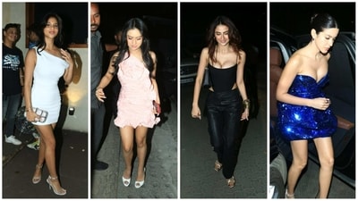 Suhana Khan, Nysa Devgan, Palak Tiwari and Shanaya Kapoor at a Mumbai restaurant on Sunday. (Varinder Chawla) Suhana Khan, Nysa Devgan, Palak Tiwari and Shanaya Kapoor at a Mumbai restaurant on Sunday. (Varinder Chawla)