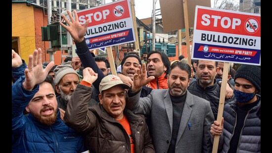 Apni Party activists having been staging protests against the anti-encroachment drive across Jammu and Kashmir in Srinagar, (PTI)