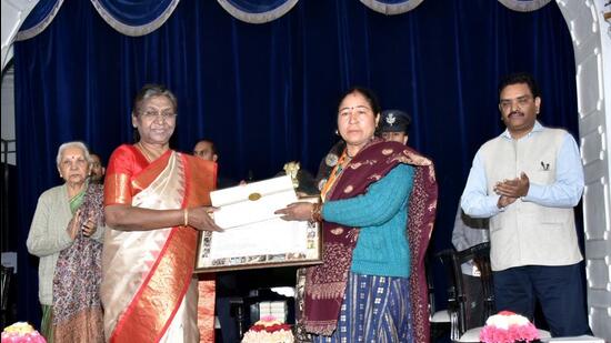 President Droupadi Murmu at a programme in Lucknow on Monday. (HT)