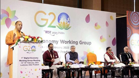 Uttar Pradesh chief minister Yogi Adityanath at the G20 Digital Economy Working Group meeting in Lucknow. (ANI PHOTO)