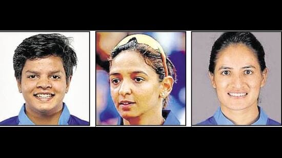 While Delhi Capitals picked Rohtak’s Shafali Verma (L) for ₹2 cr, Moga’s Harmanpreet Kaur (C) was acquired by Mumbai Indians for ₹1.8 cr; HP’s Renuka Thakur went to RCB for ₹1.5 cr.