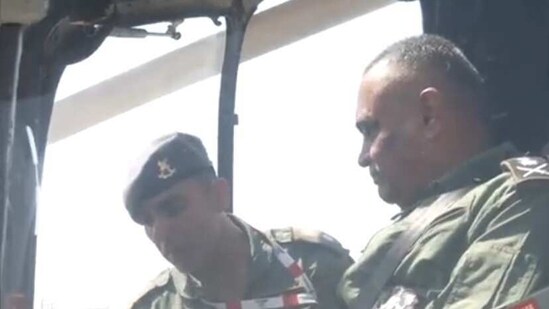 Screengrab of the video showing Army chief Manoj Pande flying in a LCH at Aero show, Bengaluru, on Monday. (ANI)