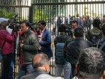 Media personnel outside the BBC office amid a survey operation conducted by Income Tax Department officials as part of a tax evasion investigation at KG Marg in New Delhi on Tuesday, Media personnel outside the BBC office amid a survey operation conducted by Income Tax Department officials as part of a tax evasion investigation at KG Marg in New Delhi on Tuesday,
