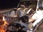 Pappu Yadav's vehicle badly damaged in the accident on Arrah-Buxar highway.