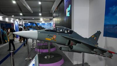 A model of Tejas fighter jet at the Aero India-2023. (Bloomberg) A model of Tejas fighter jet at the Aero India-2023. (Bloomberg)