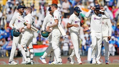 Nagpur, Feb 11 (ANI): Players exchange handshakes after Day three of the 1st Test match between India and Australia, at Vidarbha Cricket Association Stadium, in Nagpur on Saturday. India won by an innings and 132 runs. (ANI Photo) (ANI ) Nagpur, Feb 11 (ANI): Players exchange handshakes after Day three of the 1st Test match between India and Australia, at Vidarbha Cricket Association Stadium, in Nagpur on Saturday. India won by an innings and 132 runs. (ANI Photo) (ANI )