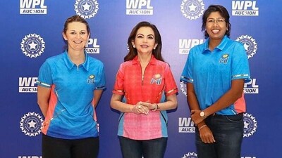 Nita Ambani with Head Coach Charlotte Edwards and Team Mentor and Bowling Coach Jhulan Goswami of the women’s team of Mumbai Indians, at the Women’s Premier League auctions (ANI ) Nita Ambani with Head Coach Charlotte Edwards and Team Mentor and Bowling Coach Jhulan Goswami of the women’s team of Mumbai Indians, at the Women’s Premier League auctions (ANI )